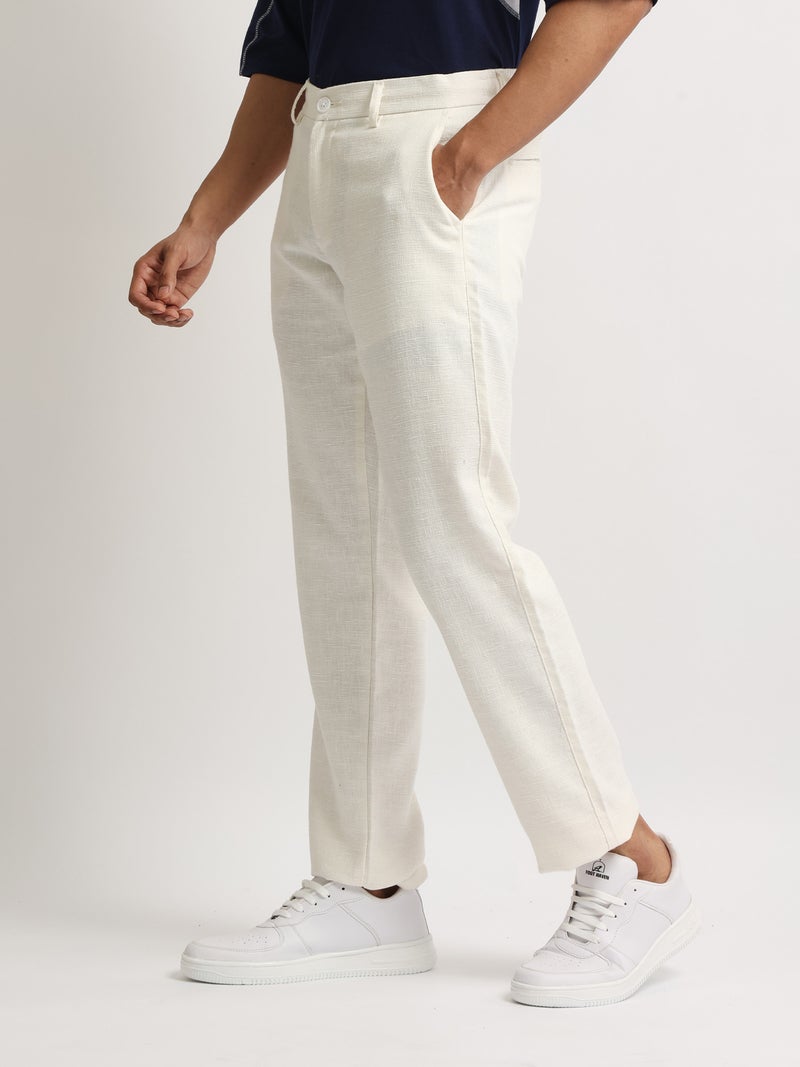 Maniac Mens Solid White Elastic Linen Cotton Blend Trouser - Image 2